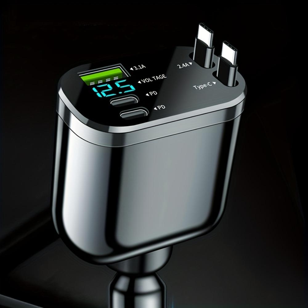 Автомобильное зарядное устройство на 5 портов со светодиодным дисплеем, быстрой зарядкой USB PD, встроенными выдвижными кабелями Type-C для iPhone и Android