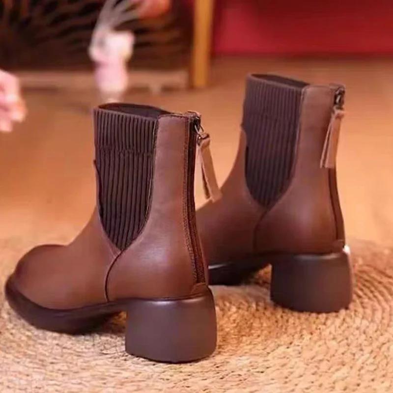 Зимние кожаные женские зимние ботильоны на среднем каблуке в стиле ретро, дизайнерские ботинки челси 2024 года, классические массивные туфли в готическом стиле, женские ботинки