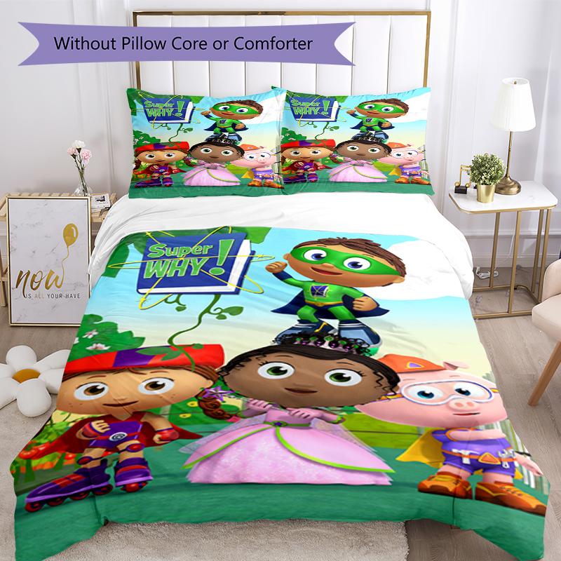 3pcs Super Why Bedding Set Duvet Cover Closure Includes 1 Duvet Cover & 2 Pillowcases, Soft and Comfortable for All Seasons.