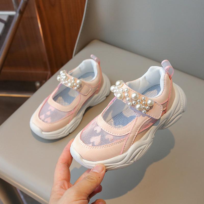 Детские кроссовки летние новые сетчатые спортивные туфли для девочек модные дышащие детские туфли принцессы с жемчугом для тенниса повседневные кроссовки массивные универсальные