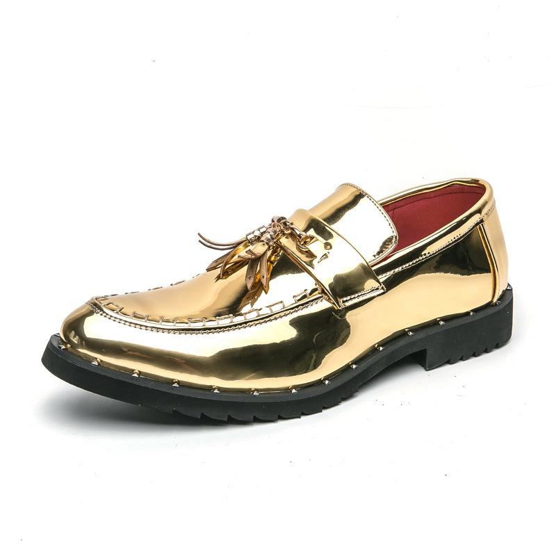 Large Size Glossy Business Foot Leather Shoes Men's British Fashion Solid Color Fringed Loafers Korean Version of Gold Leather Shoes