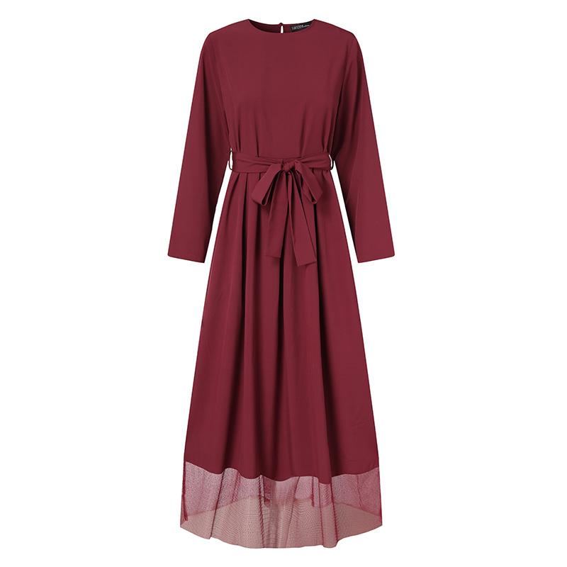 ZANZEA Женское сетчатое пэчворк-повседневное платье с круглым вырезом и длинными рукавами