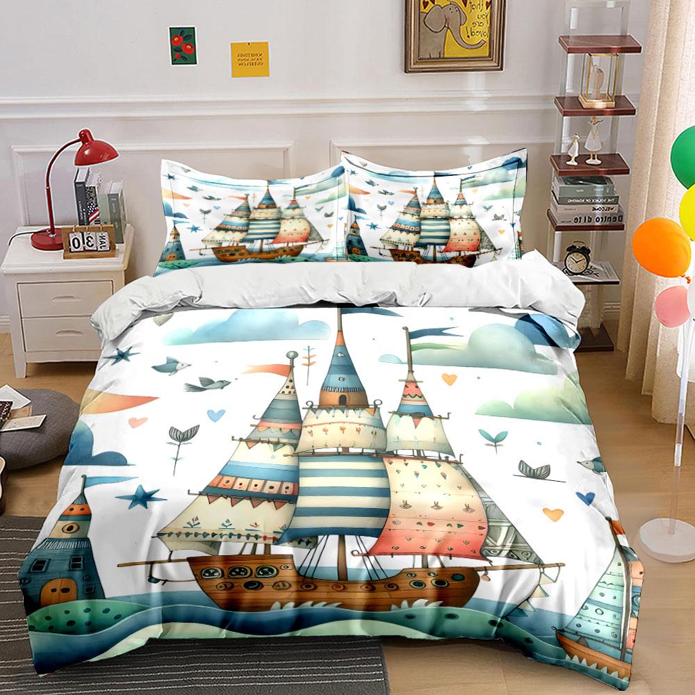 Colorful Sailing Boat Artwork Set Soft Skin-Friendly Bedding Set Includes 1 Duvet Cover And 2 Pillowcase Gift