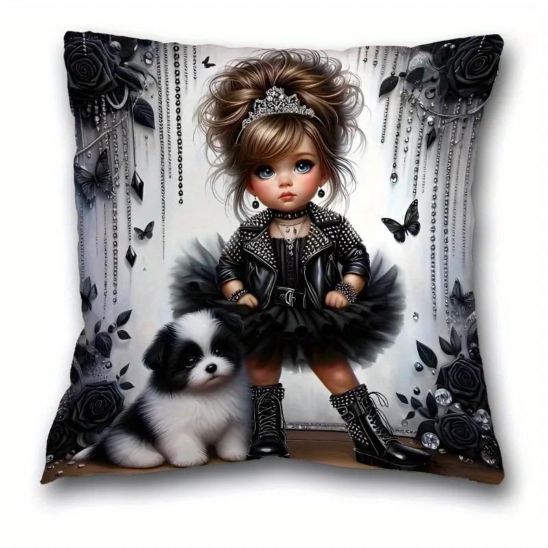 Cute Big Eye Girl Pillowcase D Flat Printed Peach Skin Cartoon Dog Cushion Cover for Kids Room Sofa Living Room Home Decor