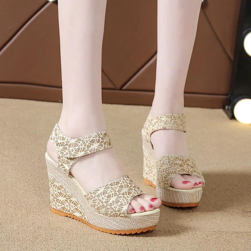 Fashion Summer New Wedge Heel Fish Mouth Sandals, Women's Casual Muffin Thick-soled High-heeled Velcro Women's Shoes