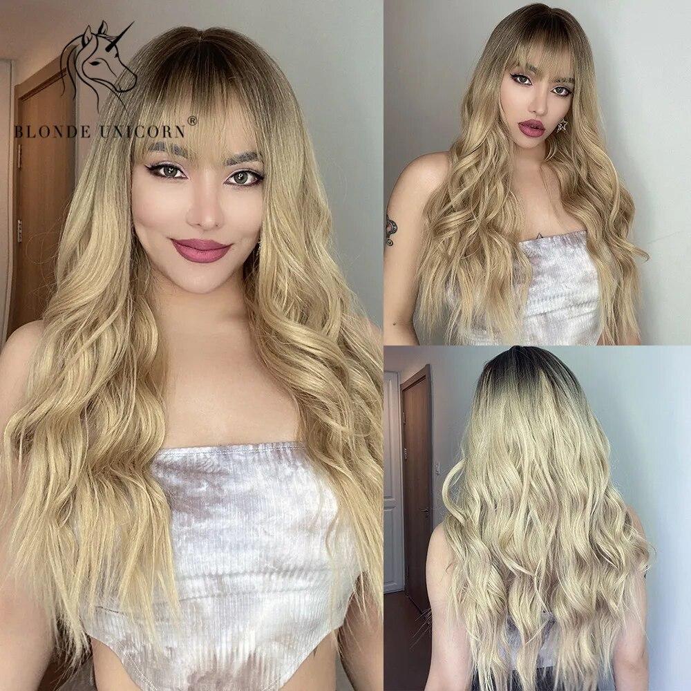 Блондинка-единорог, коричневый блондин, синтетический парик, длинные волнистые парики с челкой, повседневный косплей, вечерние, термостойкое волокно для женщин