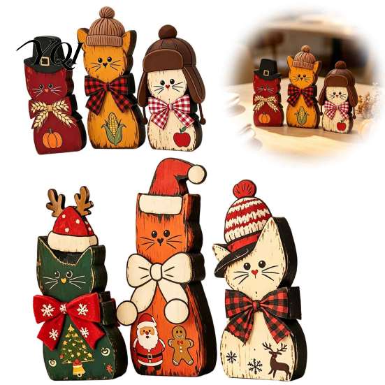 Rustic Wood Cat Figurines 3Pcs Christmas Wooden Ornaments with Hat and Bow Tie, Decorative 2D Thanksgiving Table Centerpieces Flat Tabletop Figurines,