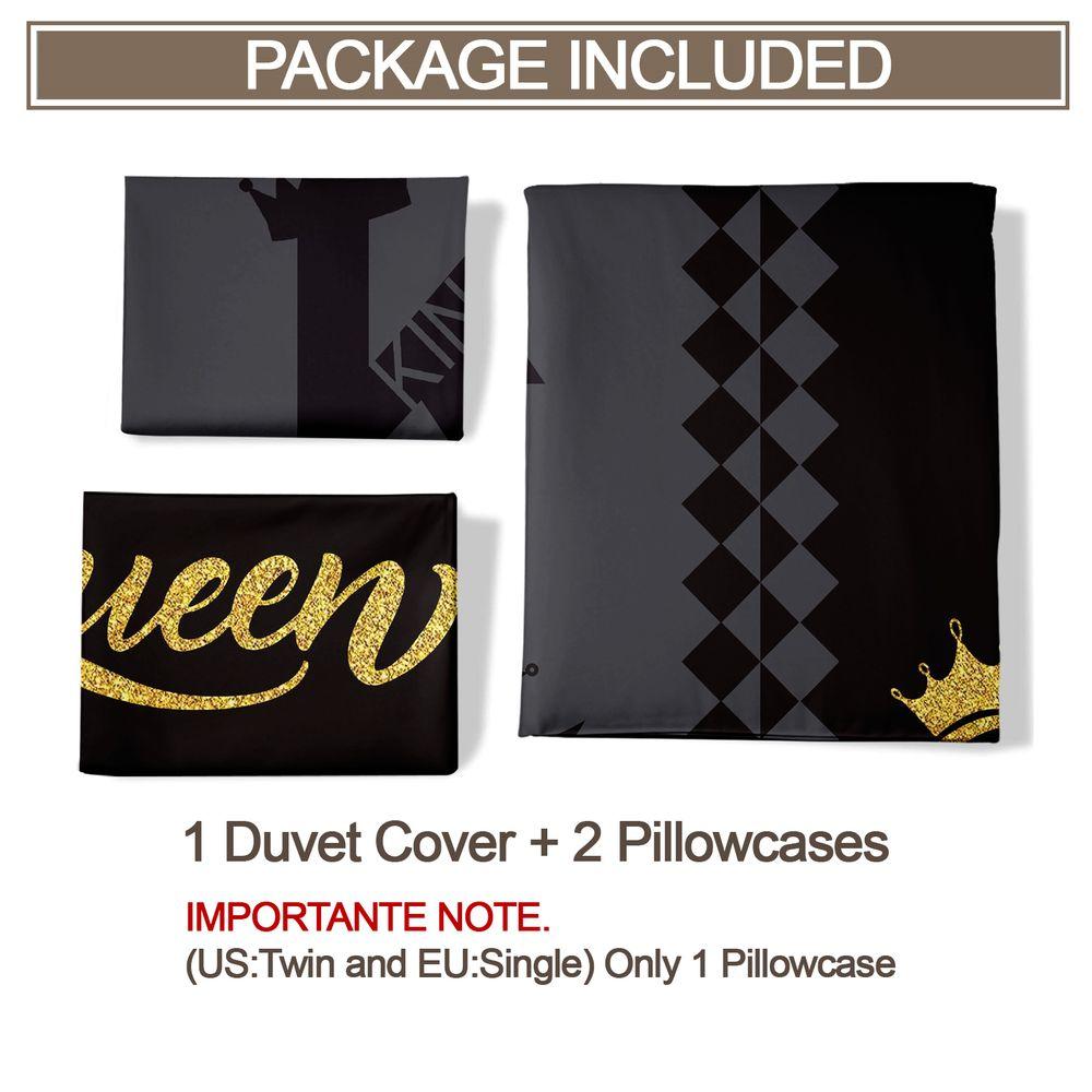 King Queen Print Duvet Cover Set (1 Duvet Cover & 1/2 Pillowcase) Luxury Gold Black Bedding Set Couple Bedroom Decor