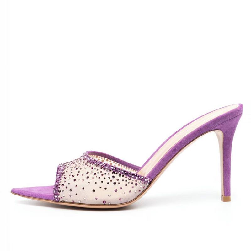 Liyke Летняя мода Кристалл Стразы сетчатые женские тапочки вечерние банкетные туфли мюли сексуальные острые носки тонкие высокие каблуки шлепанцы