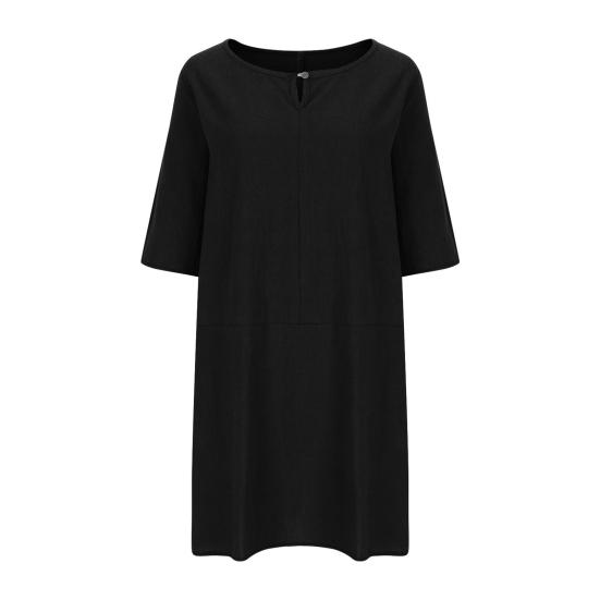 Женское свободное платье-рубашка из хлопка и льна, повседневное платье миди с рукавом 1/2 и круглым вырезом, летний пляжный сарафан для отдыха