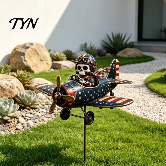 Reusable Holiday Lawn Stake Metal Skeleton Pilot Airplane Wind Spinner with Ground Stake, Vintage American Flag Garden Spooky Courtyard Decoration
