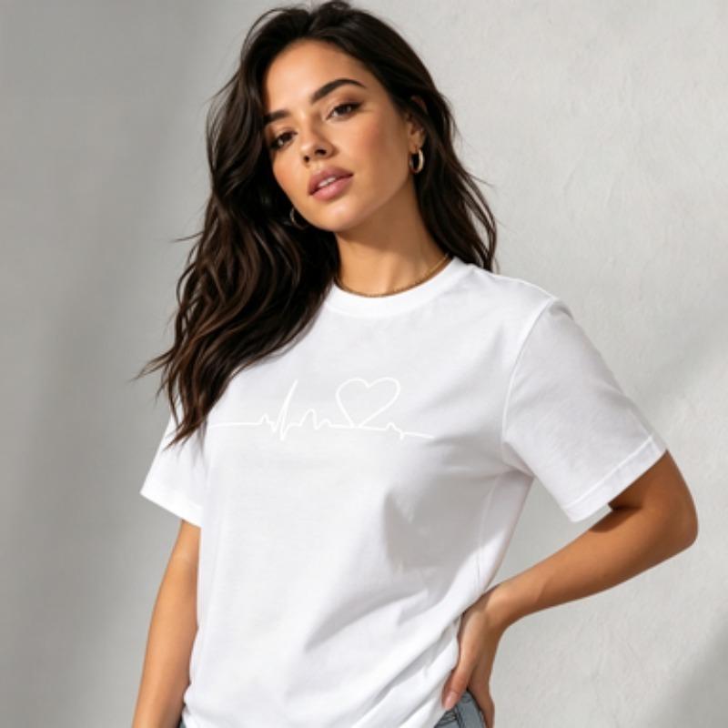 Unisex Heartbeat Line Print Tshirt Simple Love Heart Graphic Casual Short Sleeve Round Neck Minimalist Tee Top Black White