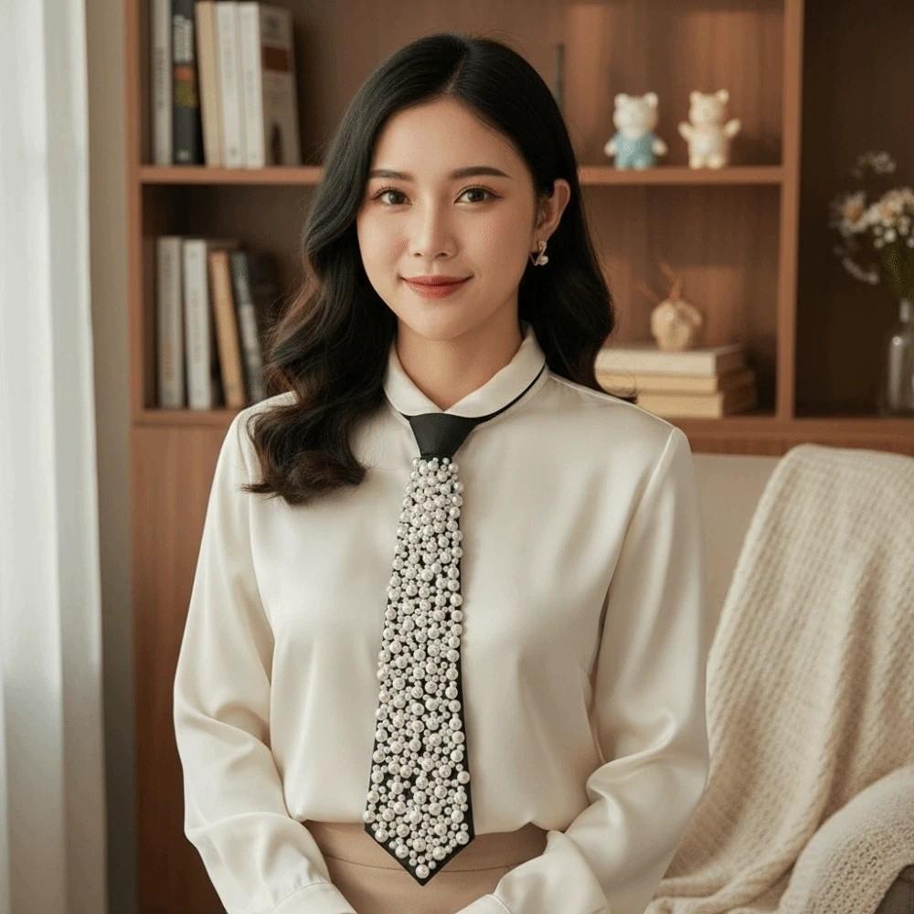 Korean Style Full Pearls Tie Black Decoration Shirt Tie Hand-beaded Long Necktie Students