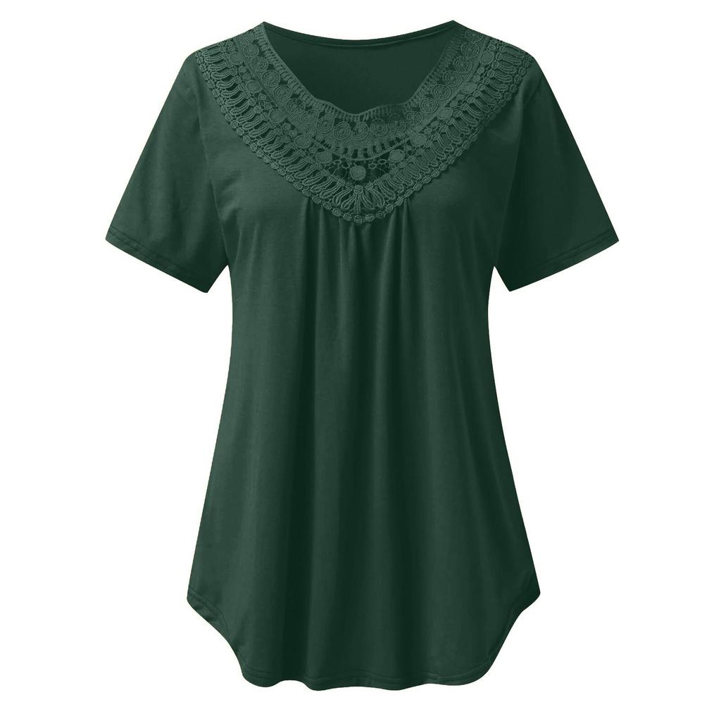 Женский топ больших размеров, однотонный кружевной топ с круглым вырезом и короткими рукавами