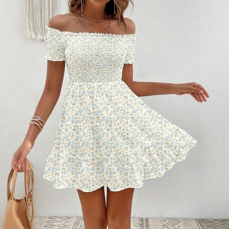Floral Print Off-Shoulder A-Line Dress Women Sweet Cotton Short High Waist Sleeve Party Stage Outfit