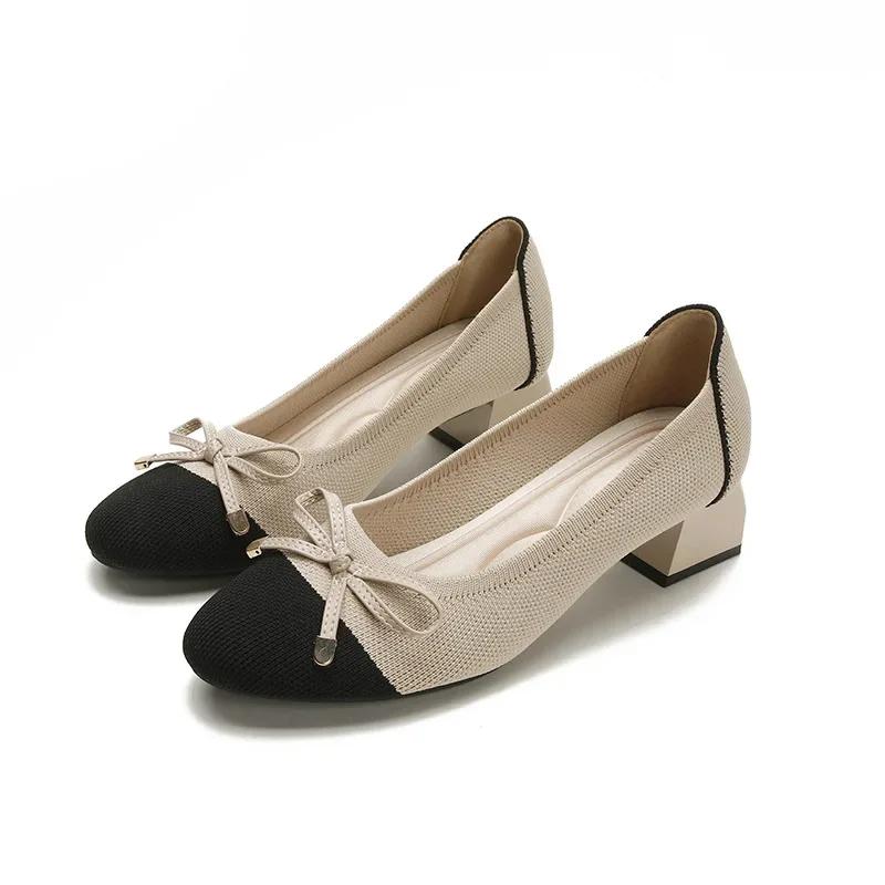 Knit Slip On Pumps Bow Shoes Women Mesh Loafers Stretch Ballet Shallow Dress Shoes Moccasins Comfort Ballet Work Shoes 2025
