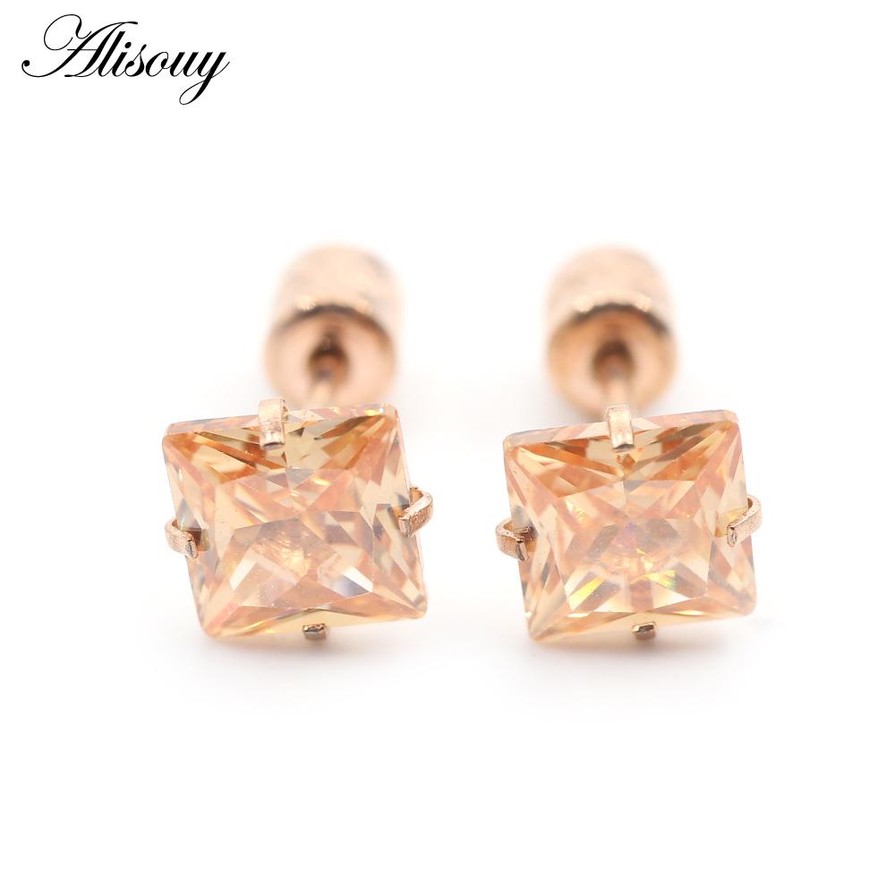 Alisouy 2 шт., нержавеющая сталь, 4 зубца, квадратный циркон CZ, женские, мужские, для девочек, серьги-гвоздики для хряща, пирсинг, ювелирные изделия