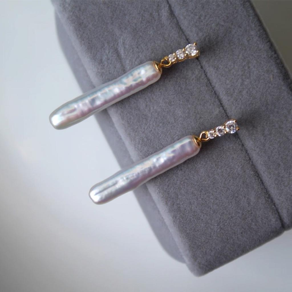 Long natural freshwater baroque pearl stud earrings thin silver bar earrings S925 silver needle zircon gold-plated earrings simple
