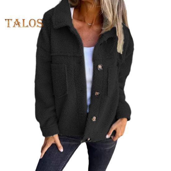 Winter Women Jacket with Double Pockets Thick Fleece Button Closure Cardigan Long Sleeves Warm Windproof Heat Retention Outdoor Coat