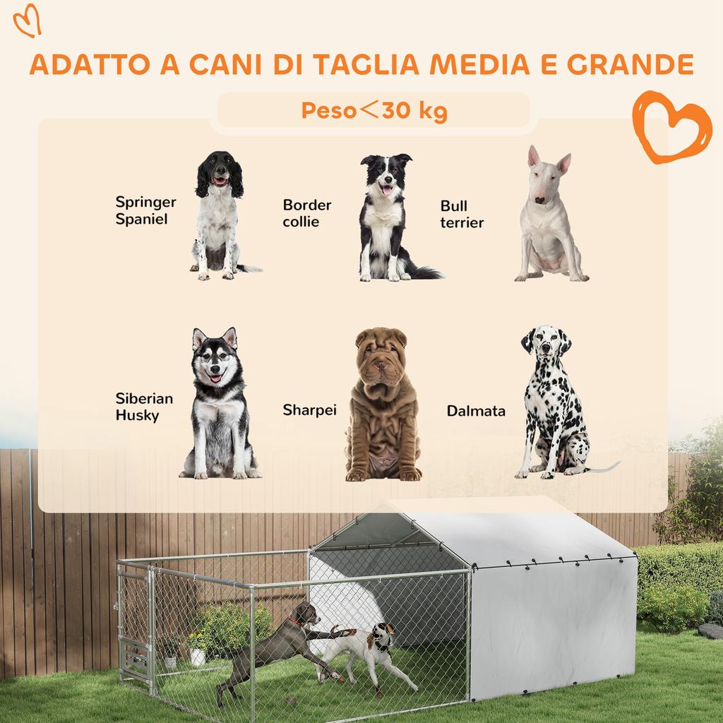Dog Enclosure with Covers and Swivel Bowls, in Steel and Oxford Fabric, 4x2.3x1.5 m, Silver