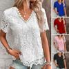 Women T-shirt V-neck Short Sleeve Casual Tee Shirt Hollow Embroidery Lace Pullover Tops Streetwear