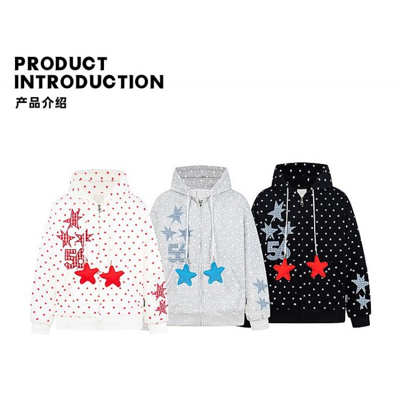 Unisex Streetwear Hooded Zip-Up Sweatshirt With Star Print Loose Fit 2026 Casual Outerwear