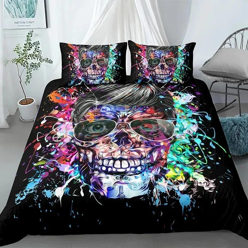 Skull Duvet Cover King, Halloween Comforter Cover,Gothic Fog Smoke Skull Skeleton Bedding Set,Grey Quilt Cover Room Decor