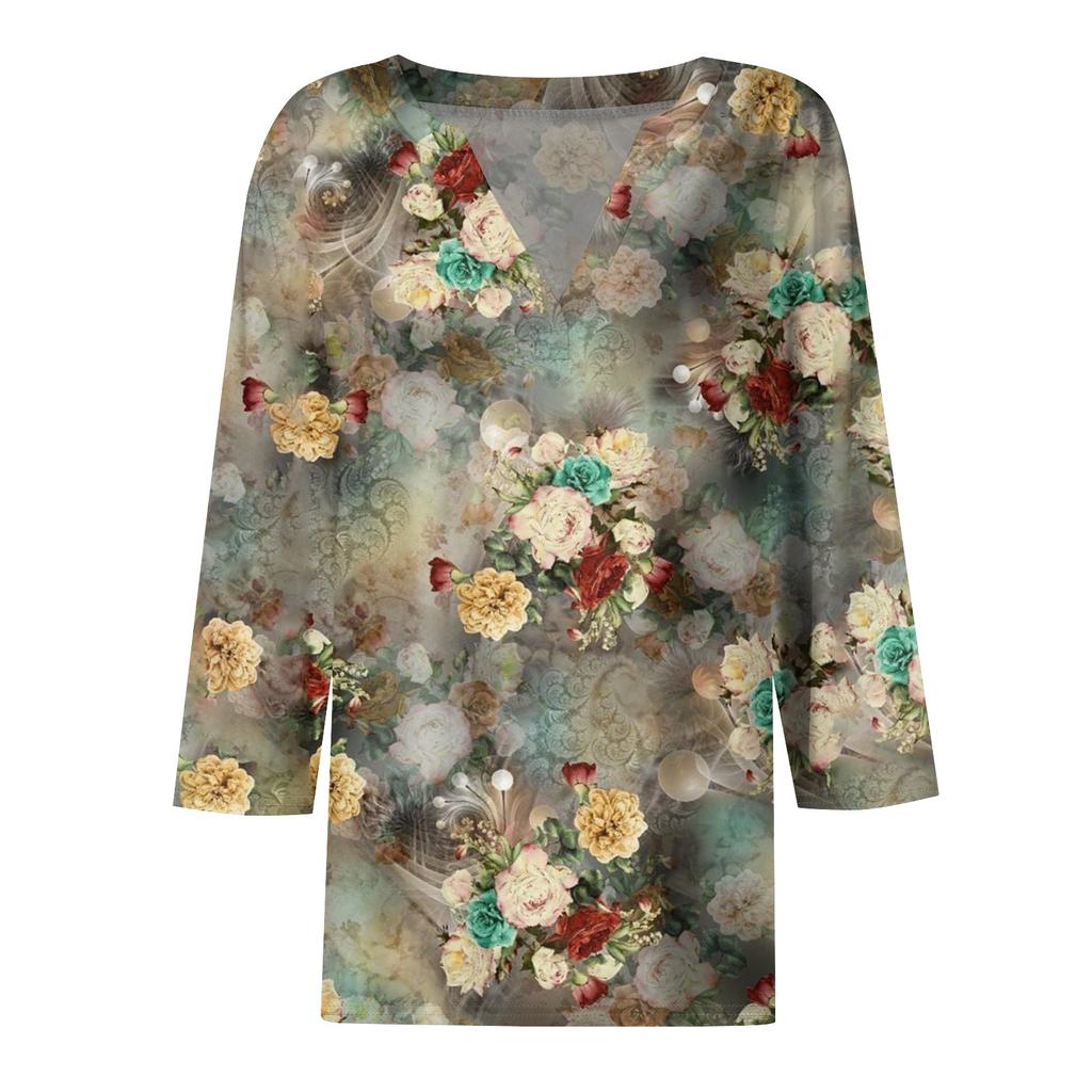 Women's T Shirt Tee Print Button  3/4 Sleeve Daily Weekend Fashion Basic V- Neck Regular Top