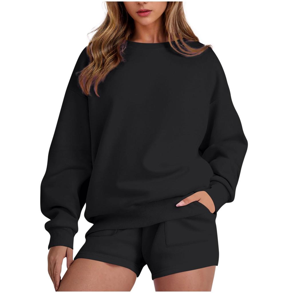 Women's Fashion Sportswear Casual Long-Sleeved Pullover Sweatshirt Drawstring Shorts Set
