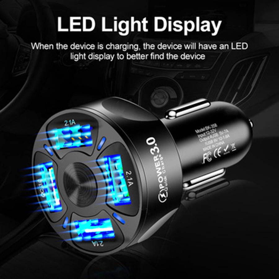 4 Ports USB Car Charger Adapter LED Display QC 3.0 Fast Charging for IOS Android Black