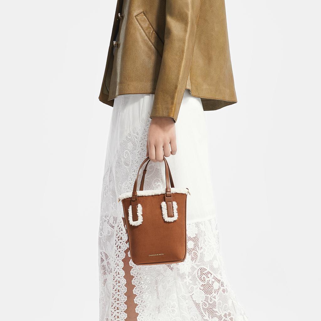 Charles & Keith Plush Series Minimalist Tote Bag Crossbody Bucket Bag PU Fabric Handbag Small Women bags Brown CK2-30271443-1