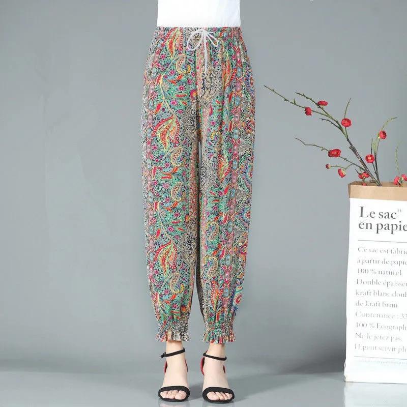 WTEMPO Summer Women Ice Silk Floral Printed Jogger Pants High Elastic Waist Stretchy Leggings Dancing Walking Pants