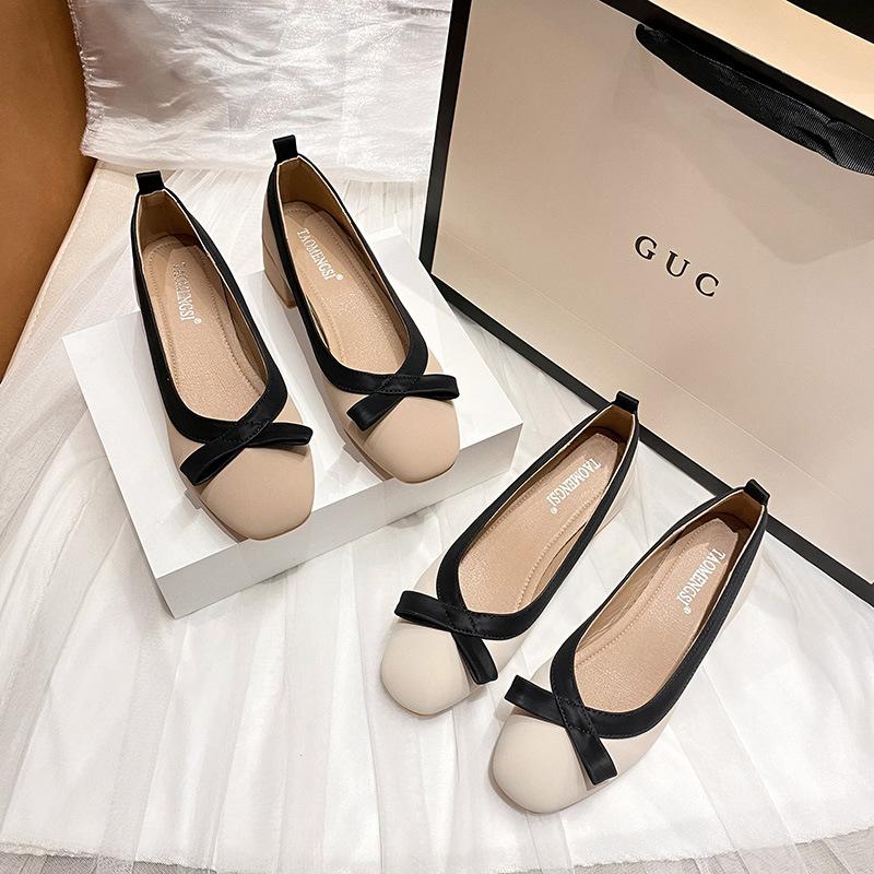 AK Yi Xinda, вечерний бриз бант средний высокий каблук квадратный носок с вырезом лодочкой толстый каблук одинарные туфли женские лето и осень