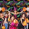 Durable Party Decoration Foil Fringe Curtain for Halloween, Orange Purple Black Background Halloween Door Photo Booth Props, Pumpkin Ghost Bat