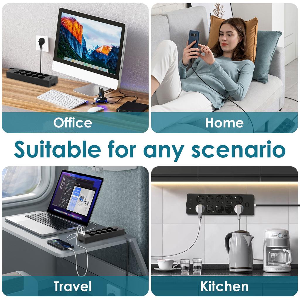 Сетевой фильтр на 10 розеток с защитой от перенапряжения, с 1 портом Type C и 3 портами USB A, 2000 Вт для дома, офиса, общежития, игровой комнаты