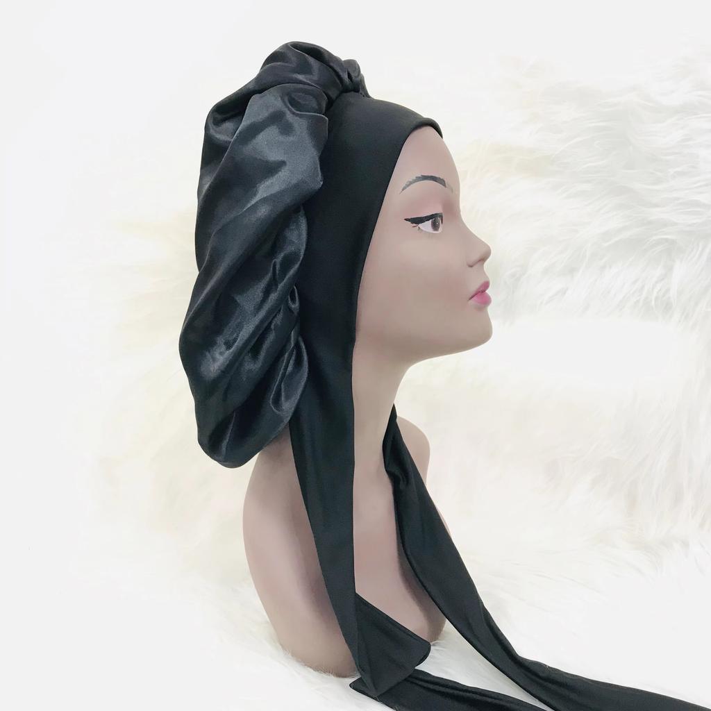 Ready to Ship Long Large Braid Hair Bonnet Sleeping Stain Hair Bonnets and Satin Silk Hair Wraps with Tie Scarf Bonnet