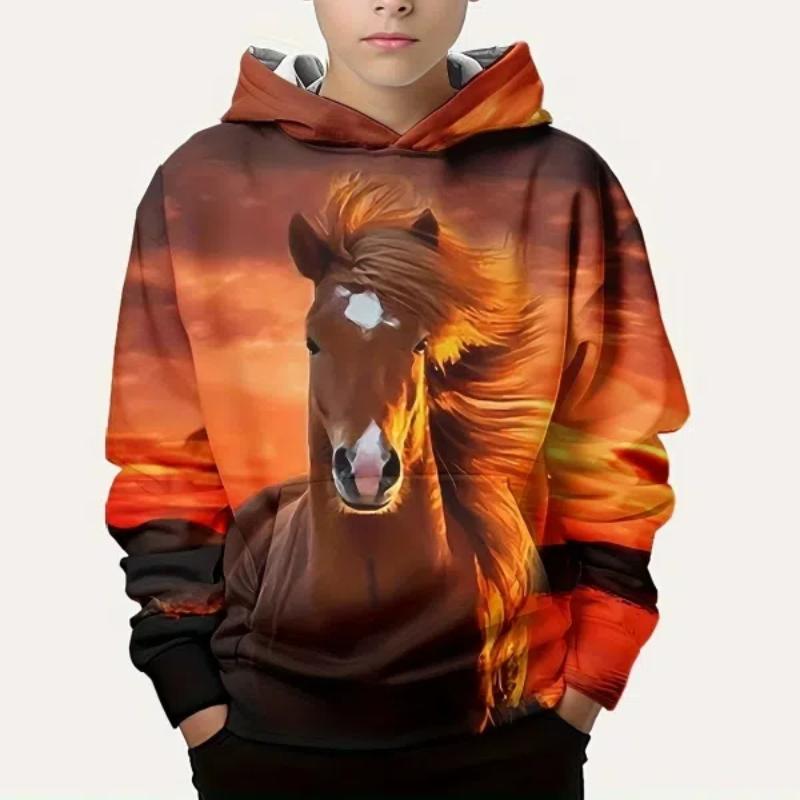 2024 толстовки с 3D принтом лошади для девочек и мальчиков, повседневный пуловер, толстовка с длинными рукавами для мальчиков и девочек, толстовка с капюшоном для детей, топы с капюшоном