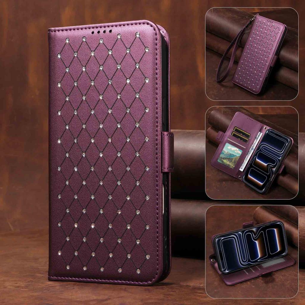 Suitable for Apple17Diamond-embellished starry sky leather case16E Card slot phone case15Plus Flip14Protective Sleeve