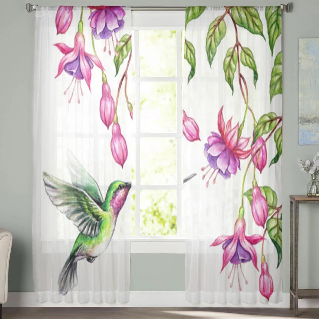Тюлевая занавеска «Колибри» с фиолетовыми цветами и листьями для гостиной, прозрачная занавеска с балдахином для кухни, спальни, оконные шторы