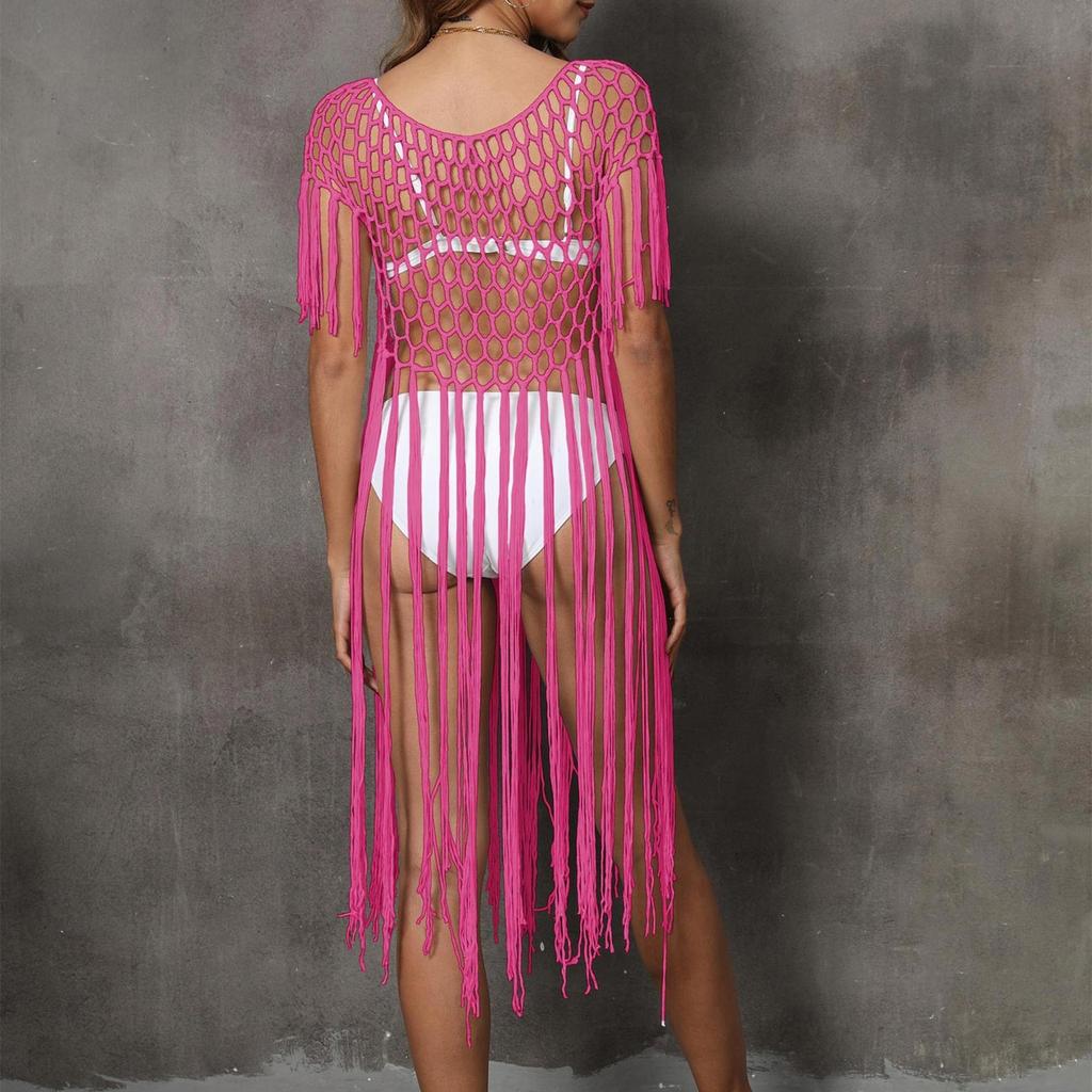 Women's Beach Cover-up Sexy Hollow Fringed Patchwork Bikini Solid Color Cover-up