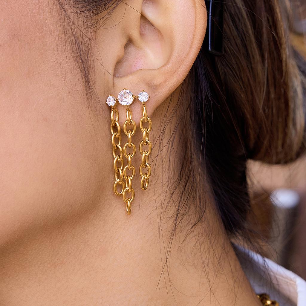Yori Delicate Cubic Zirconia Chain Tassel Earrings 18k Gold Pvd Plated Popular Daily Classy Waterproof Jewelry Accessory