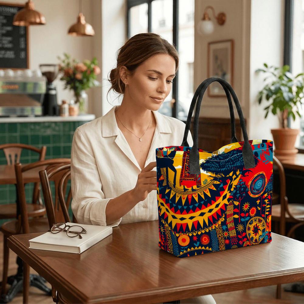 Vintage Tribal Print Canvas Tote Bag Large Capacity Casual Daily Shoulder Handbag for Women Shopping Travel