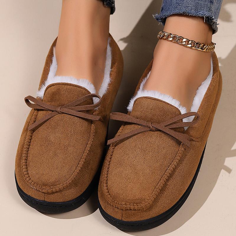 Зимние пушистые хлопковые туфли для женщин, шикарный бантик, плюшевые тапочки, женские уличные слипоны на плоской подошве, плюшевые туфли для женщин