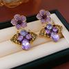 Shining Vintage Flower Earrings Elegant Purple Earrings Sweet Rhinestone Drop Earrings  Women