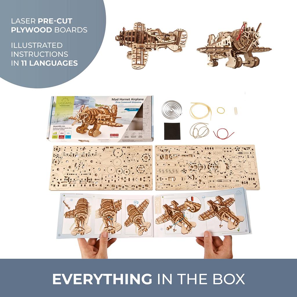 Ugears Mad Hornet Airplane 70183 Wooden Puzzle, Crafts & Model Building Kit, No Glue or Tools Required, for Adults