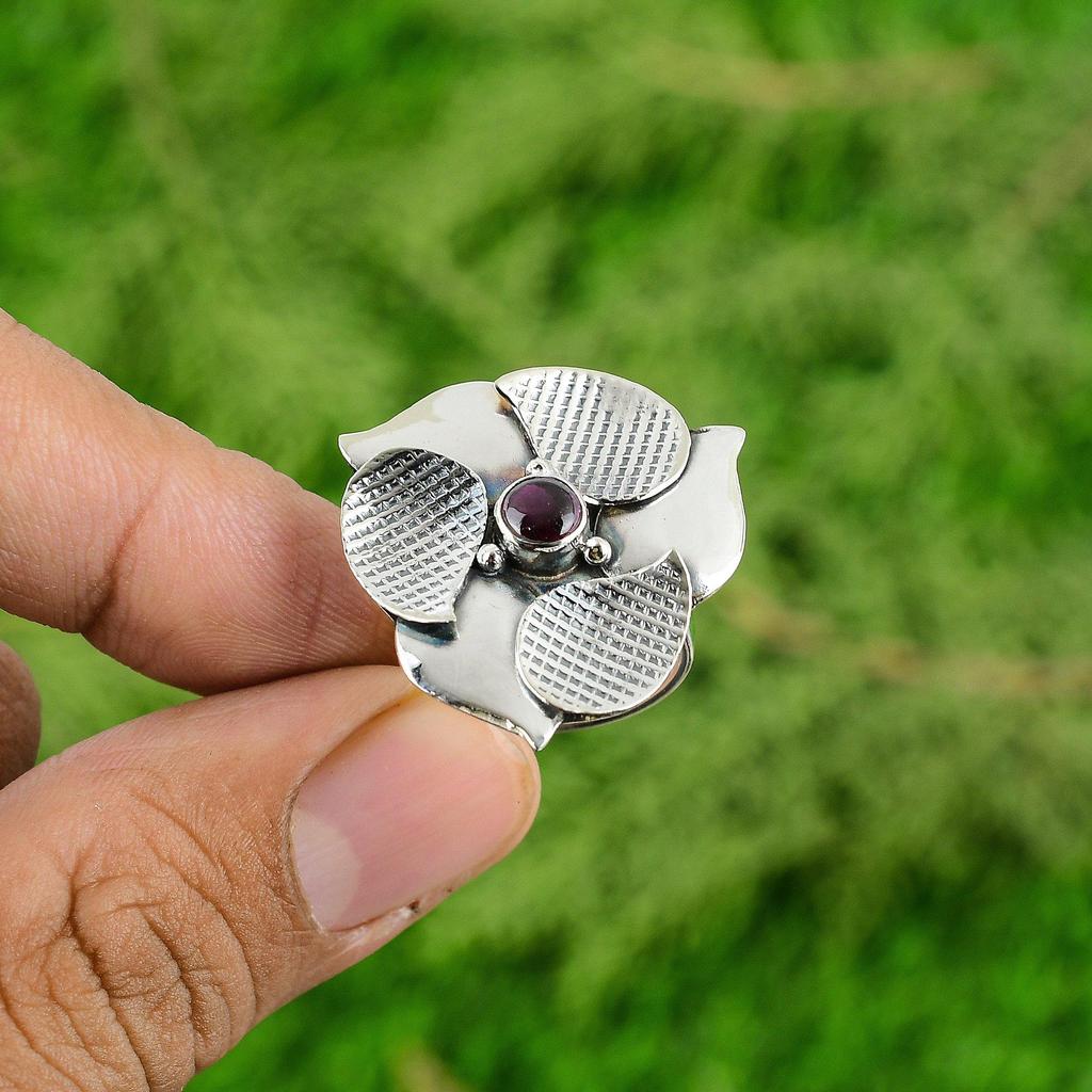 925 Silver Natural Pink Tourmaline Multi Stone Flower Adjustable Ring