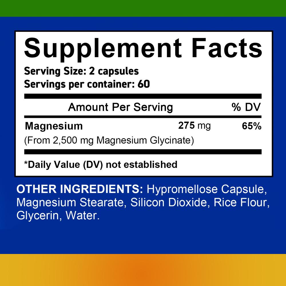 Magnesium Glycinate Chelated Capsules, 2500mg Per Serving, 120 Capsules, 60‑Day Supply, Dietary Supplement