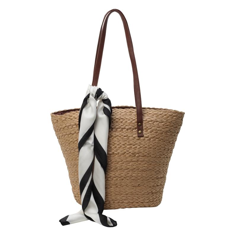 Design Straw Woven Tote Bag for Women Raffia Handbag Summer Beach Bags for Vacation Rattan Shoulder Bag with Silk Scarf Totes