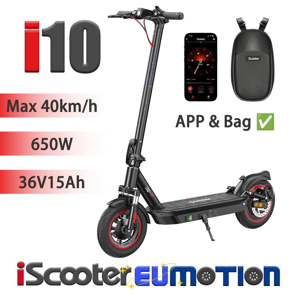 iScooter I10 City Electric Scooter with APP Control, 650W & 36V 15Ah Commuter Lightweight E-Scooter, 10" Pneumatic Tires Foldable E-Scooter