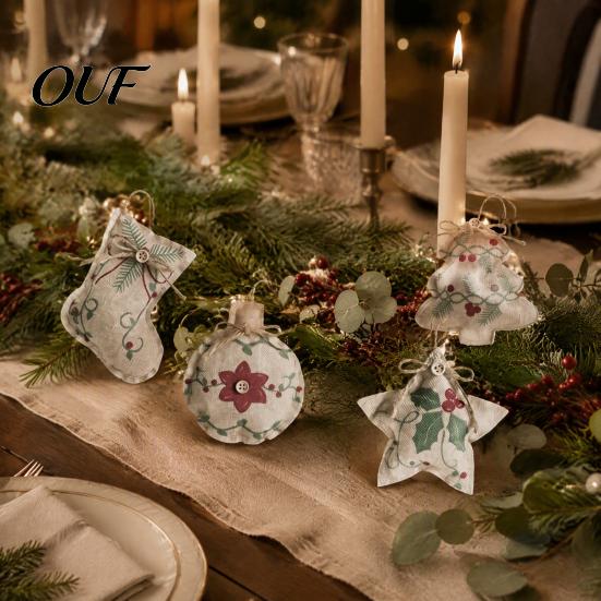 Festive Garland Hanging Supplies Burlap Christmas Ornaments, Rustic Linen Fabric Decoration, Tree Ball Stocking Ornaments for Holiday Star Shaped
